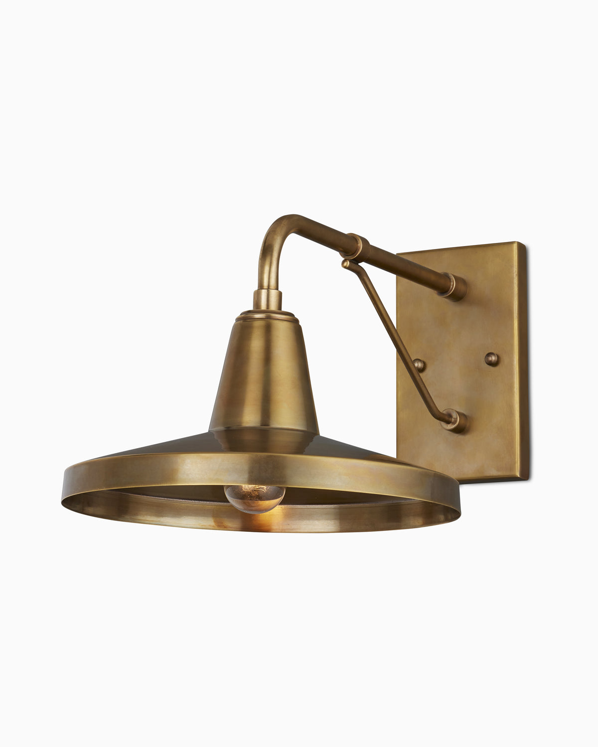 Antique brass outdoor wall sconce with a rectangular backplate, angled arm, umbrella-style shade, exposed bulb, and modern farmhouse-inspired silhouette.