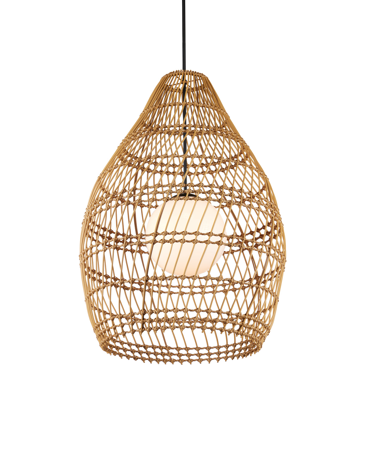 Natural rattan pendant light with an open teardrop-shaped woven shade, knotted lattice detailing, black suspension cord, and glowing white globe bulb on a plain white background.