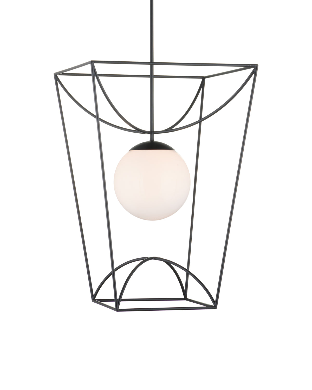 Large lantern pendant with an open black tapering metal frame, inward-curving arc details, a slender hanging rod, and a milky white glass globe centered inside.