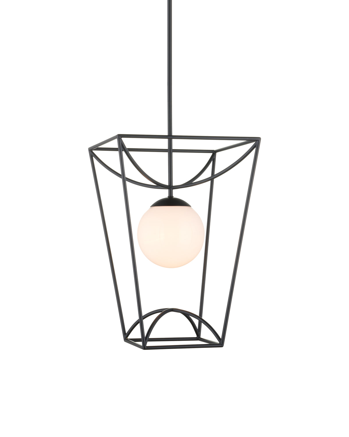 Small lantern pendant with an open black tapering metal frame, inward-curving arc details, a slender hanging rod, and a milky white glass globe centered inside.