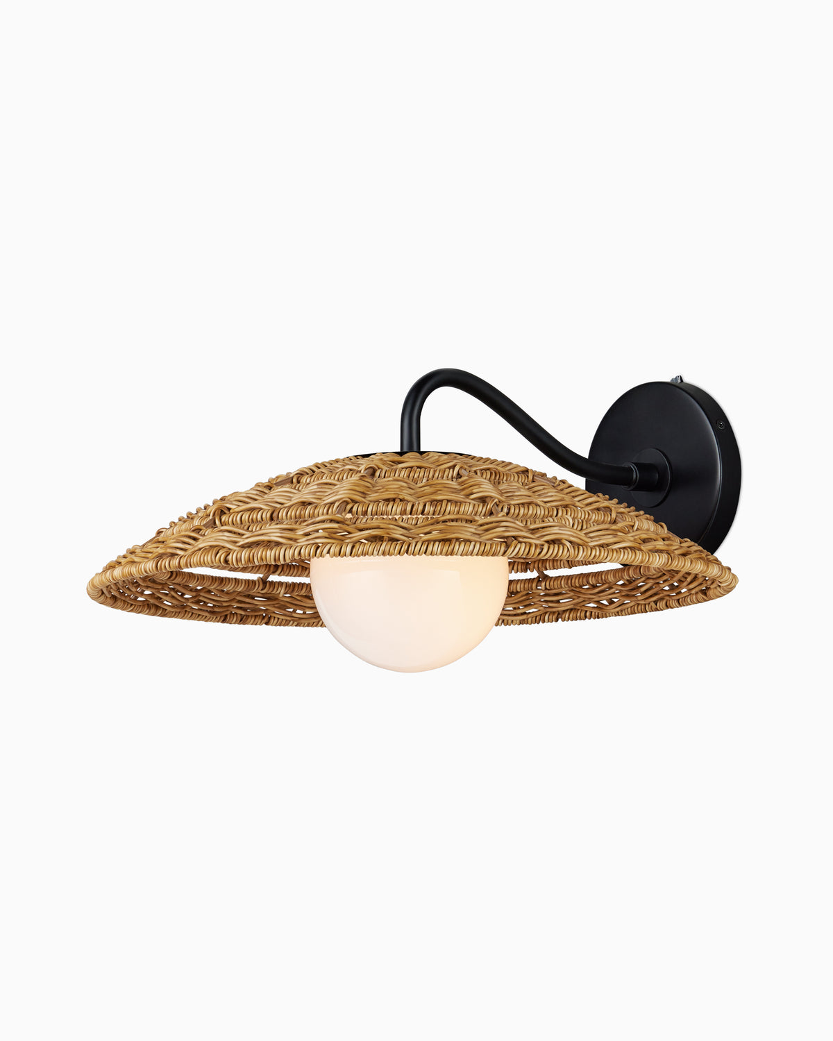 Mounted on a curved black gooseneck arm, our Rivington Outdoor Wall Sconce features an inverted honey brown wicker bowl shade with a soft white milk glass light below.