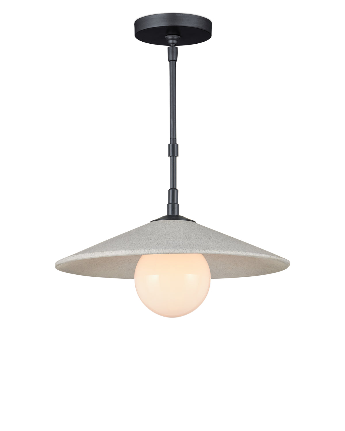 Modern pendant light with black extendable rod, tapered beige concrete shade, and glowing milk-glass globe.