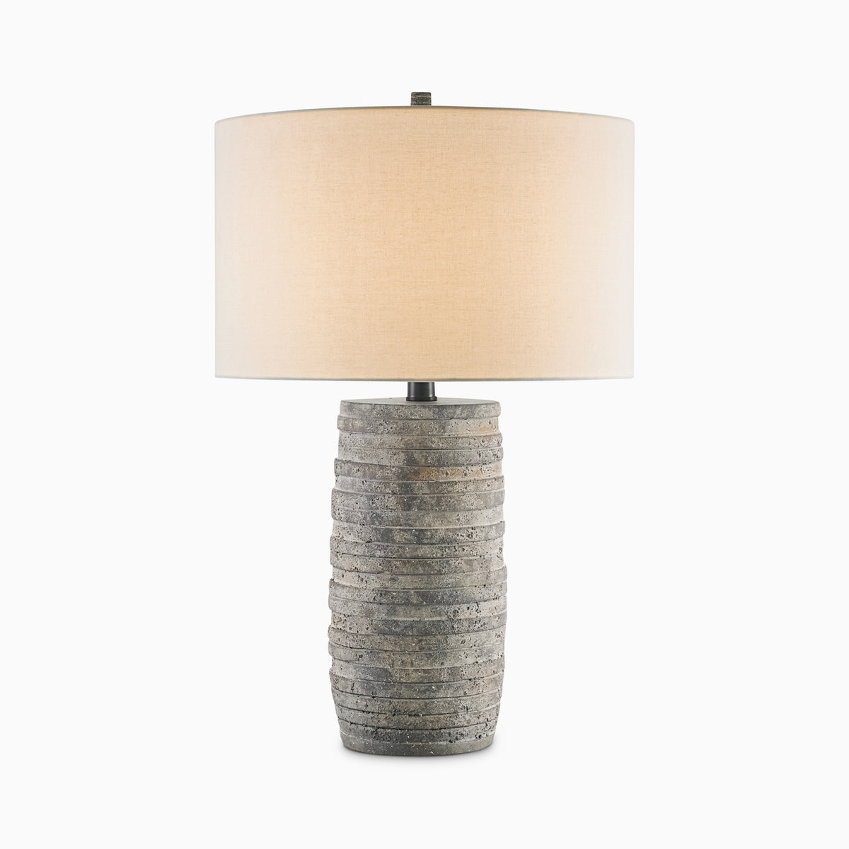 Topped with a wide round warm beige linen shade, our Tewksbury Table Lamp in Rustic Gray features a chunky stacked gray terracotta column with uneven ridged edges.