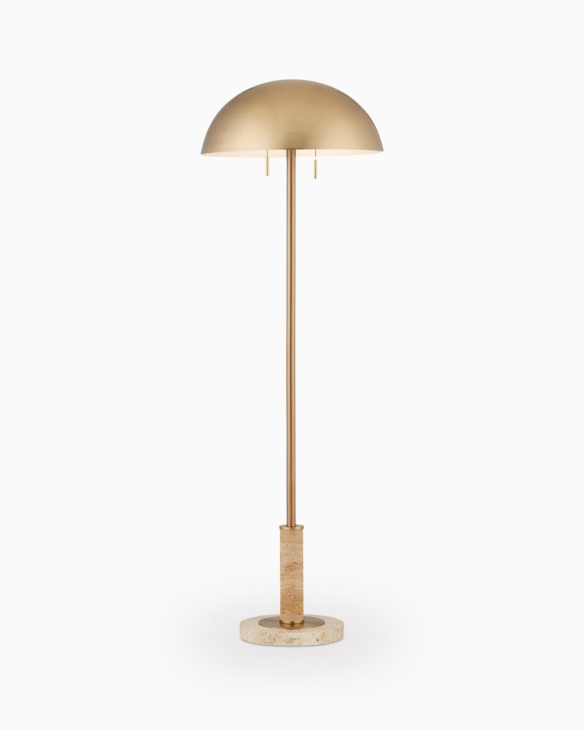 Brass floor lamp with dome shade, slim stem, travertine base, and twin pull chains with two light holders.