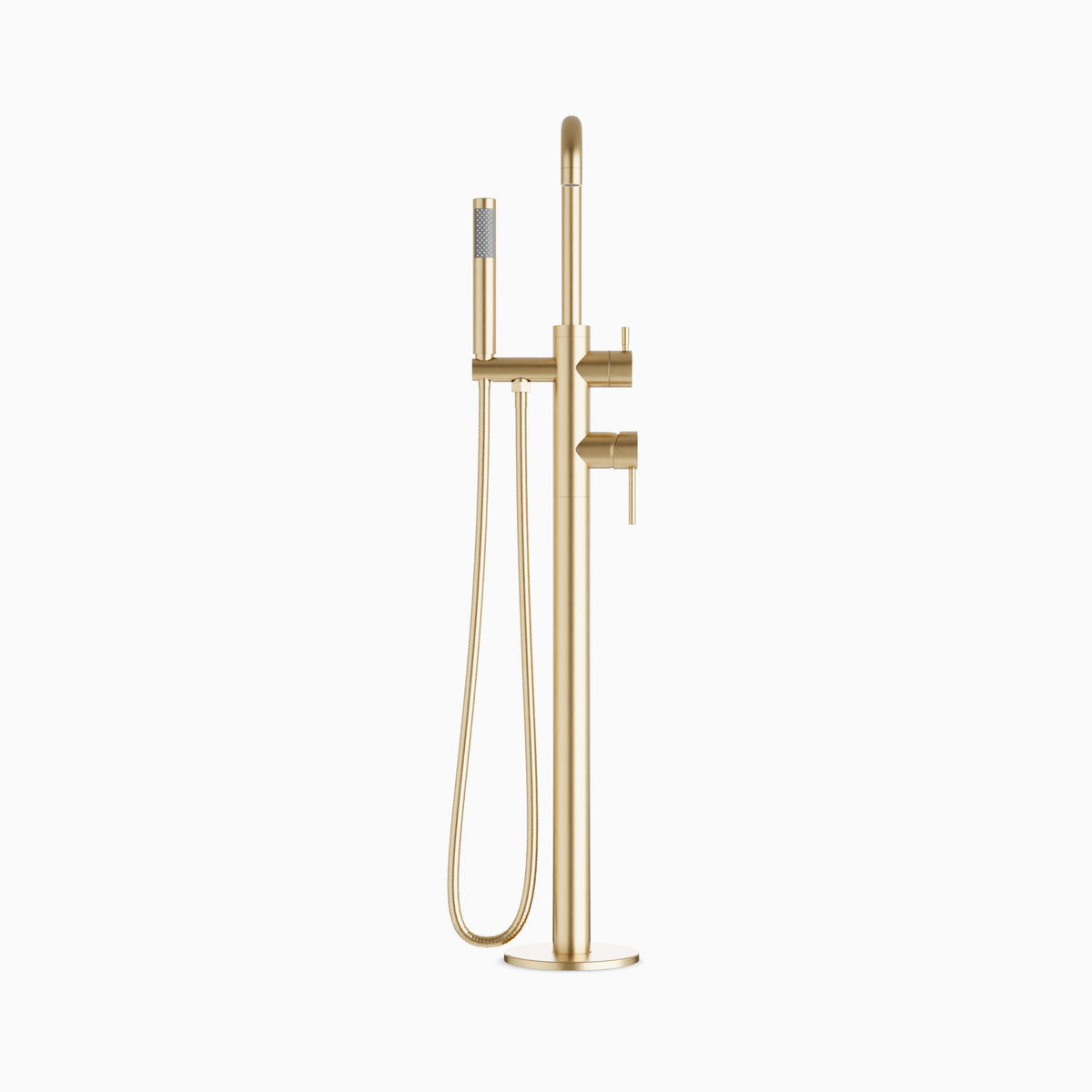 Alder Floor Mount Tub Filler Trim Kit with Low Spout & Hand Shower in Satin Brass
