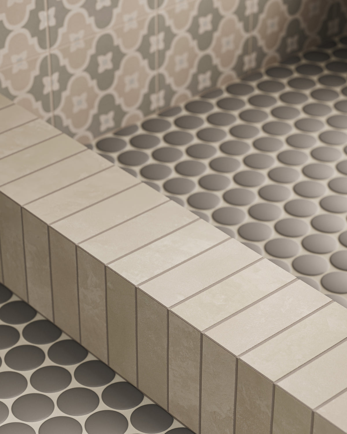 Light gray 2x6 porcelain subway tiles run along the bench edge, adding a simple, steady line that keeps the space feeling relaxed and pulled together.