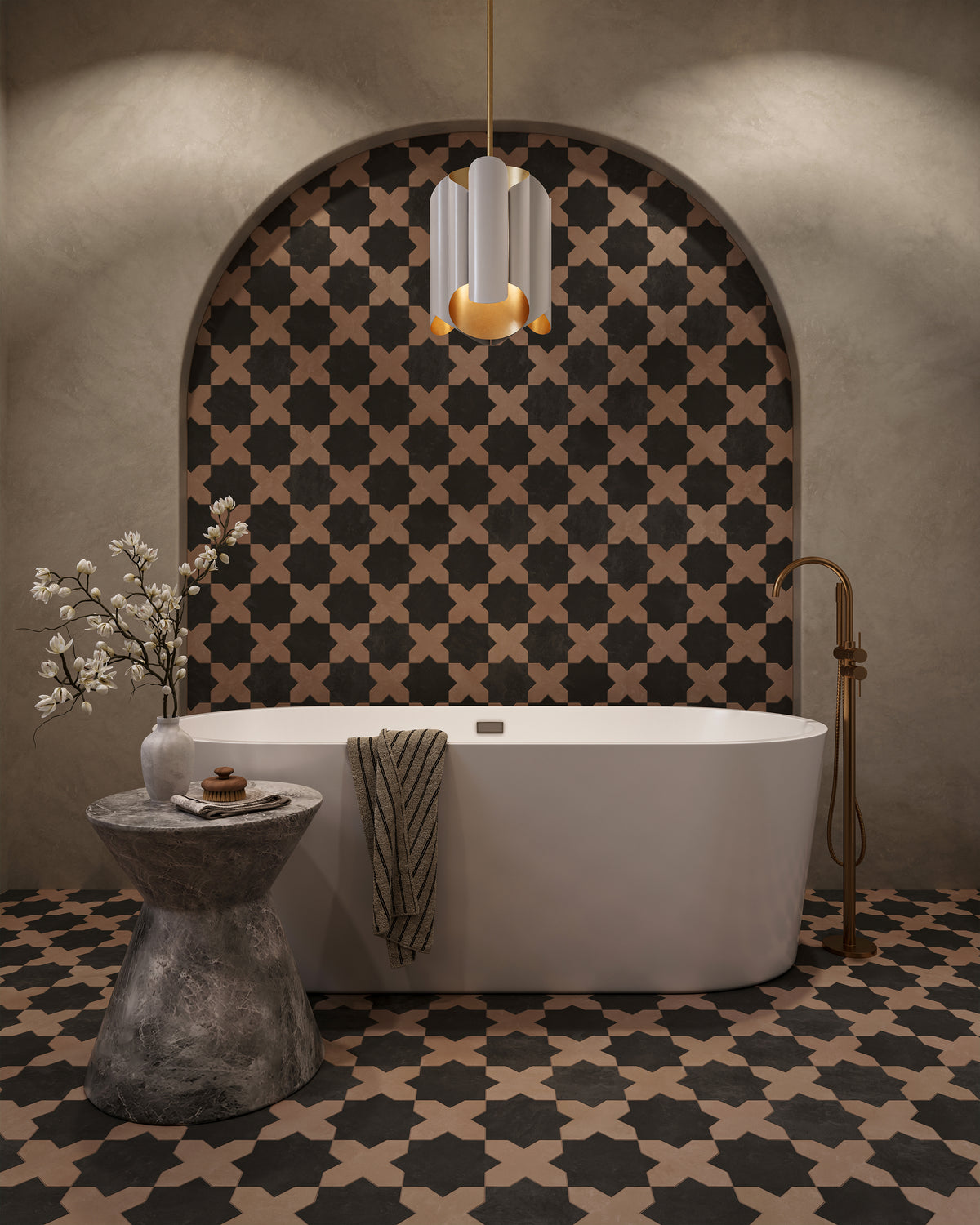 Isabel 11 x 11 Matte Porcelain Tile Star in Midnight Slate and Cross in Dusty Rose