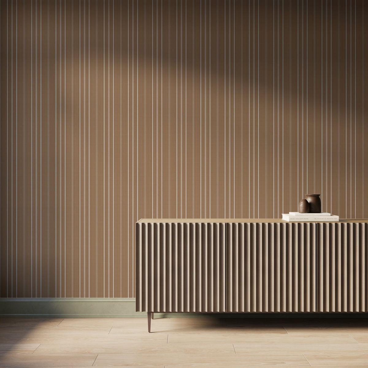 Cream beige striped wallpaper paired with a ribbed wood console cabinet and neutral decor, creating a warm modern interior scene.
