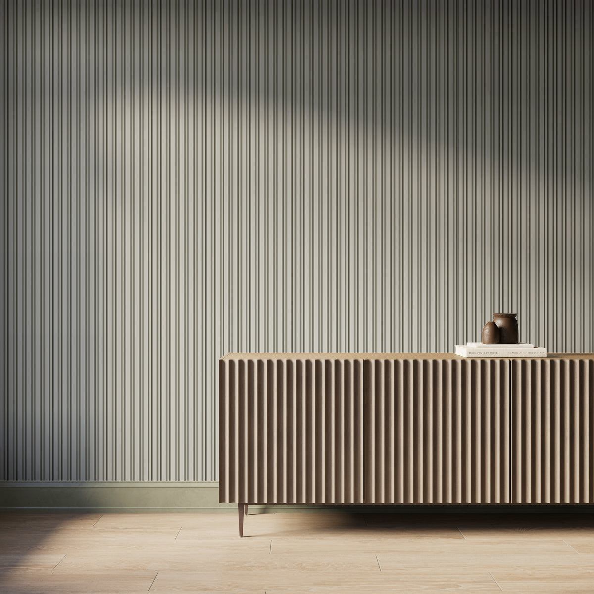 Modern interior featuring soft white and deep olive green tones, vertical striped wallpaper, a fluted console cabinet in a warm neutral tone, light wood flooring, and soft natural light casting gentle shadows across the textured wall.