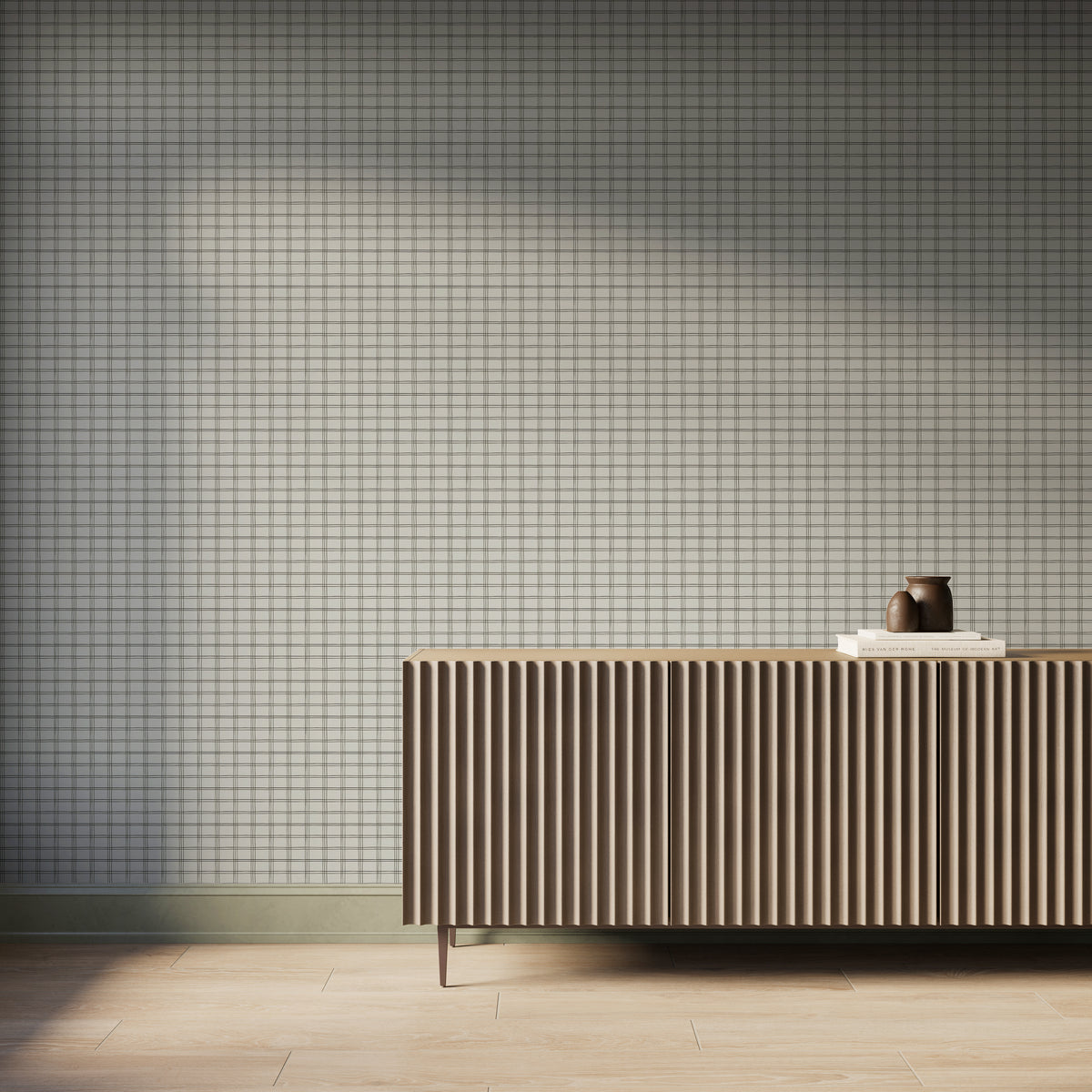Off-white plaid wallpaper with dark green grid lines, styled behind a modern fluted wood console and minimal decor.