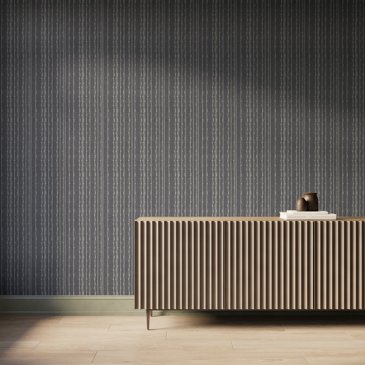 Dark gray textured wallpaper with vertical dashed stripe pattern, styled with a modern fluted wood console.