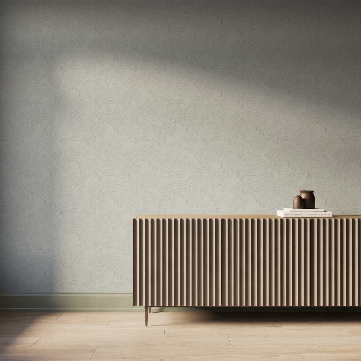 White abstract contour wallpaper with light gray topographic lines behind a modern ribbed wood console table.