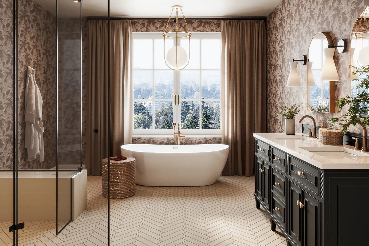 Spacious bathroom interior with black Elodie double vanity, freestanding white bathtub, glass shower enclosure, brass fixtures, and botanical wallpaper with large window and curtains.