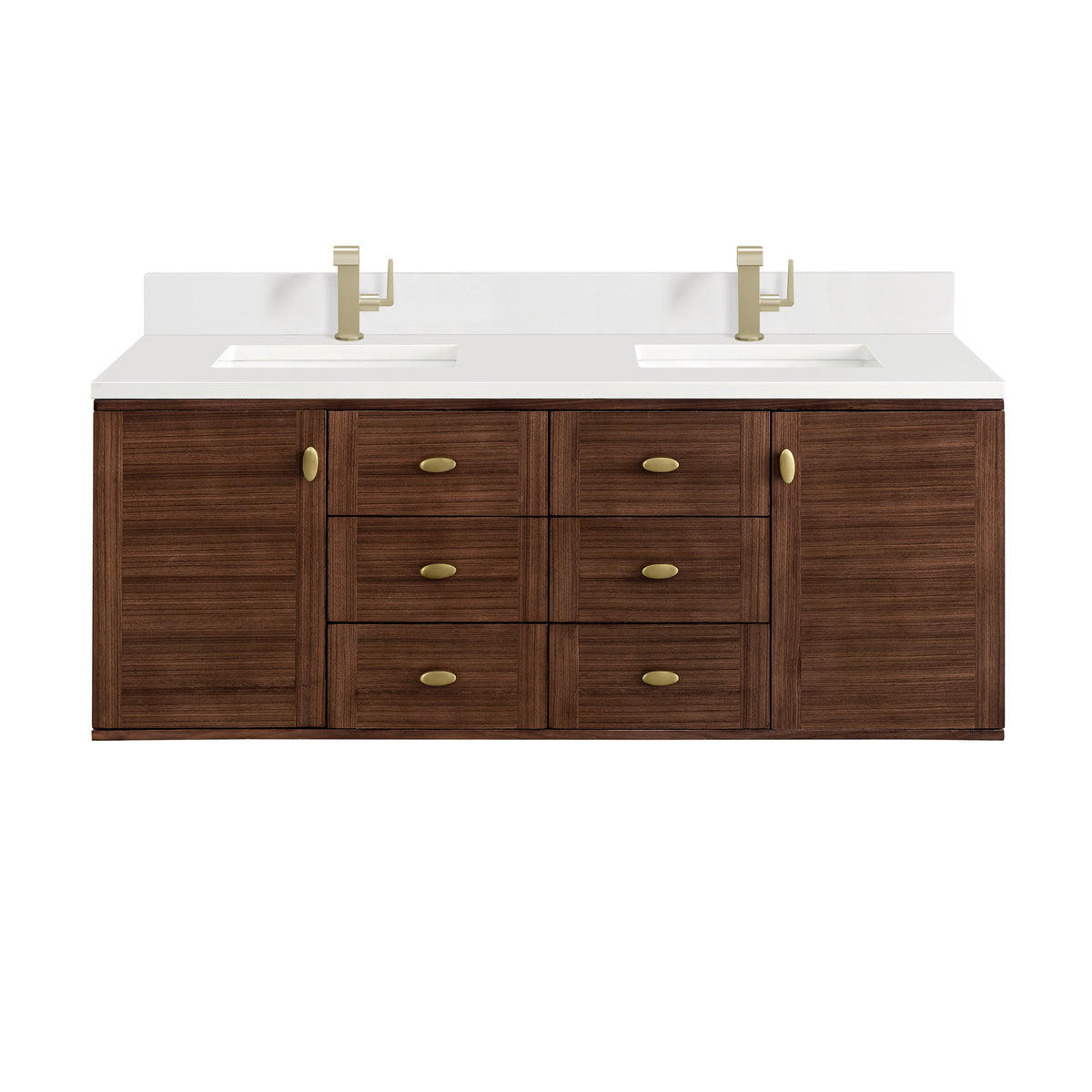 Sized at 60 inches, this Demi double vanity in mid-century walnut features textured wood cabinetry with six drawers and cabinet doors, topped with a 3 cm White Zeus quartz surface and backsplash.