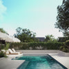 Chic poolside patio featuring Bowdern 24x24 Grip porcelain pavers and a crystal-blue tile-lined modern pool