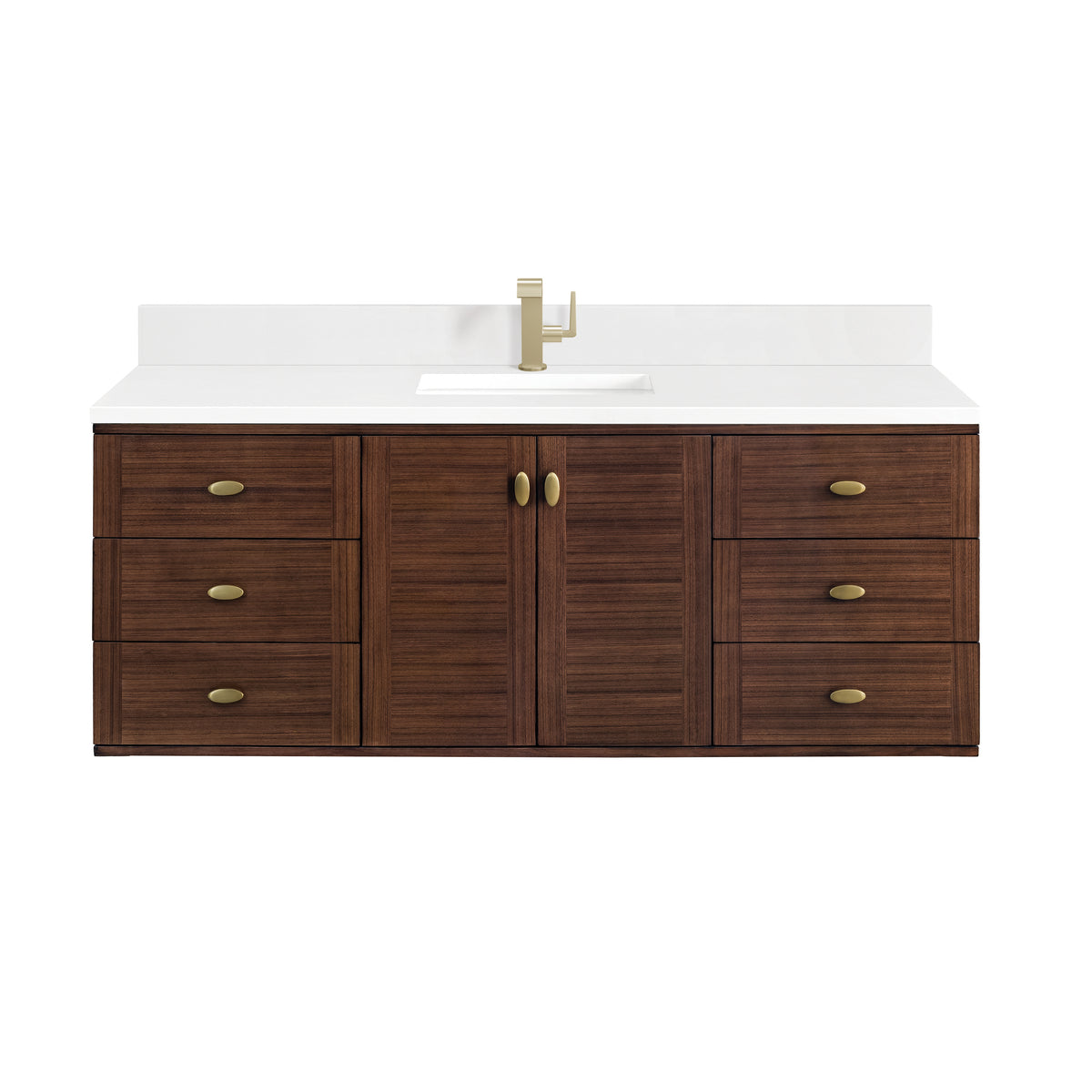 Demi 60" Single Vanity in Mid-Century Walnut with Single Hole 3 cm White Zeus Quartz Top & Backsplash